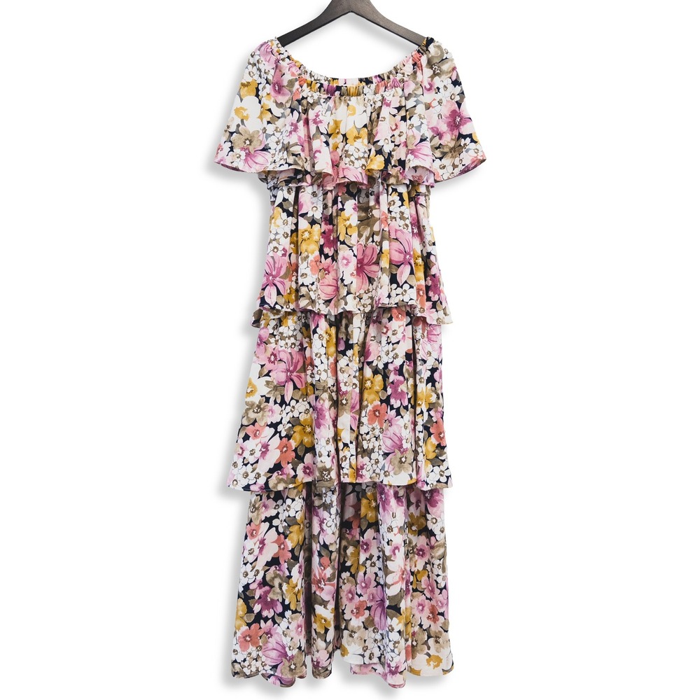 Adora Tiered Maxi Dress Womens Medium Pink Floral Off Shoulder Ruffle Wedding